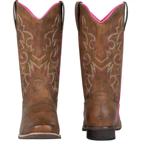 SheSole Womens Brown Cowboy Square Toe Cowgirl Wide Calf Western Boots - Picture 2 of 9